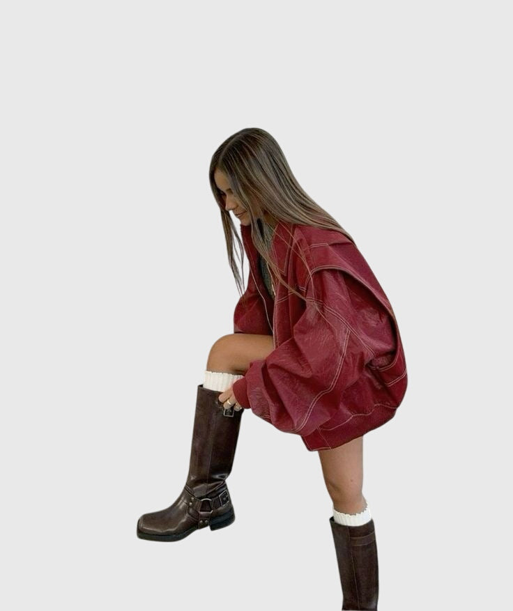 Faye™ Oversized Red Leather Jacket — Women's Statement Coat 1