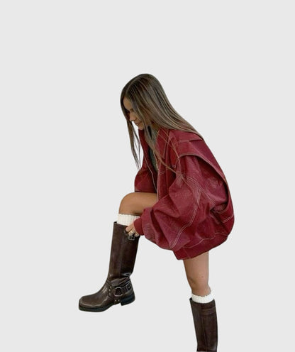 Faye™ Oversized Red Leather Jacket — Women's Statement Coat 1
