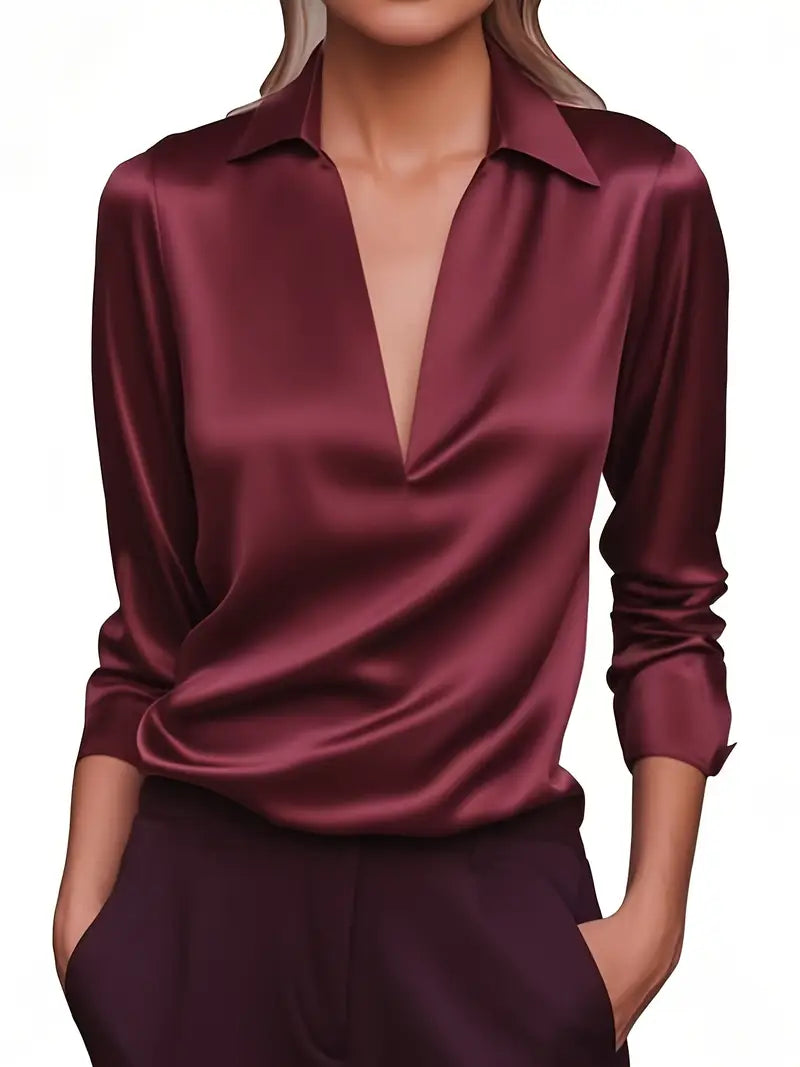 Satin V-Neck Draped Collar Blouse — Long Sleeve Elegance 6