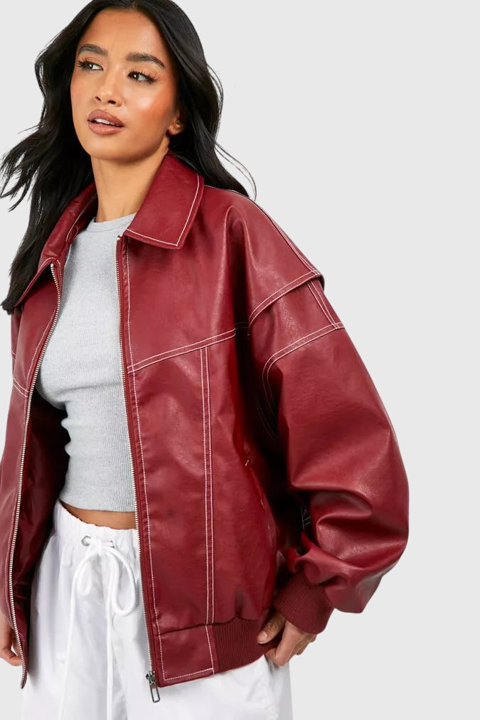 Faye™ Oversized Red Leather Jacket — Women's Statement Coat 2