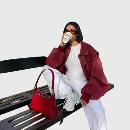 Faye™ Oversized Red Leather Jacket — Women's Statement Coat 7