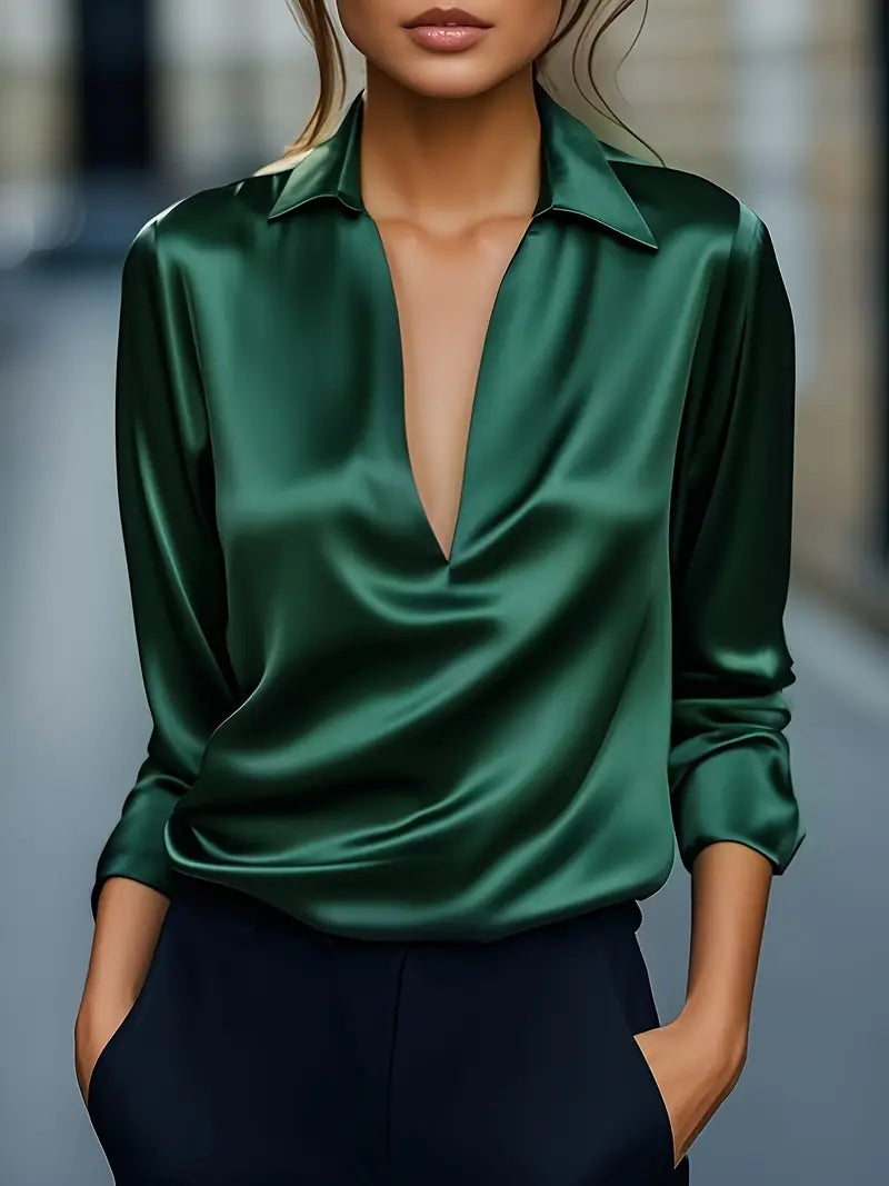 Satin V-Neck Draped Collar Blouse — Long Sleeve Elegance 1