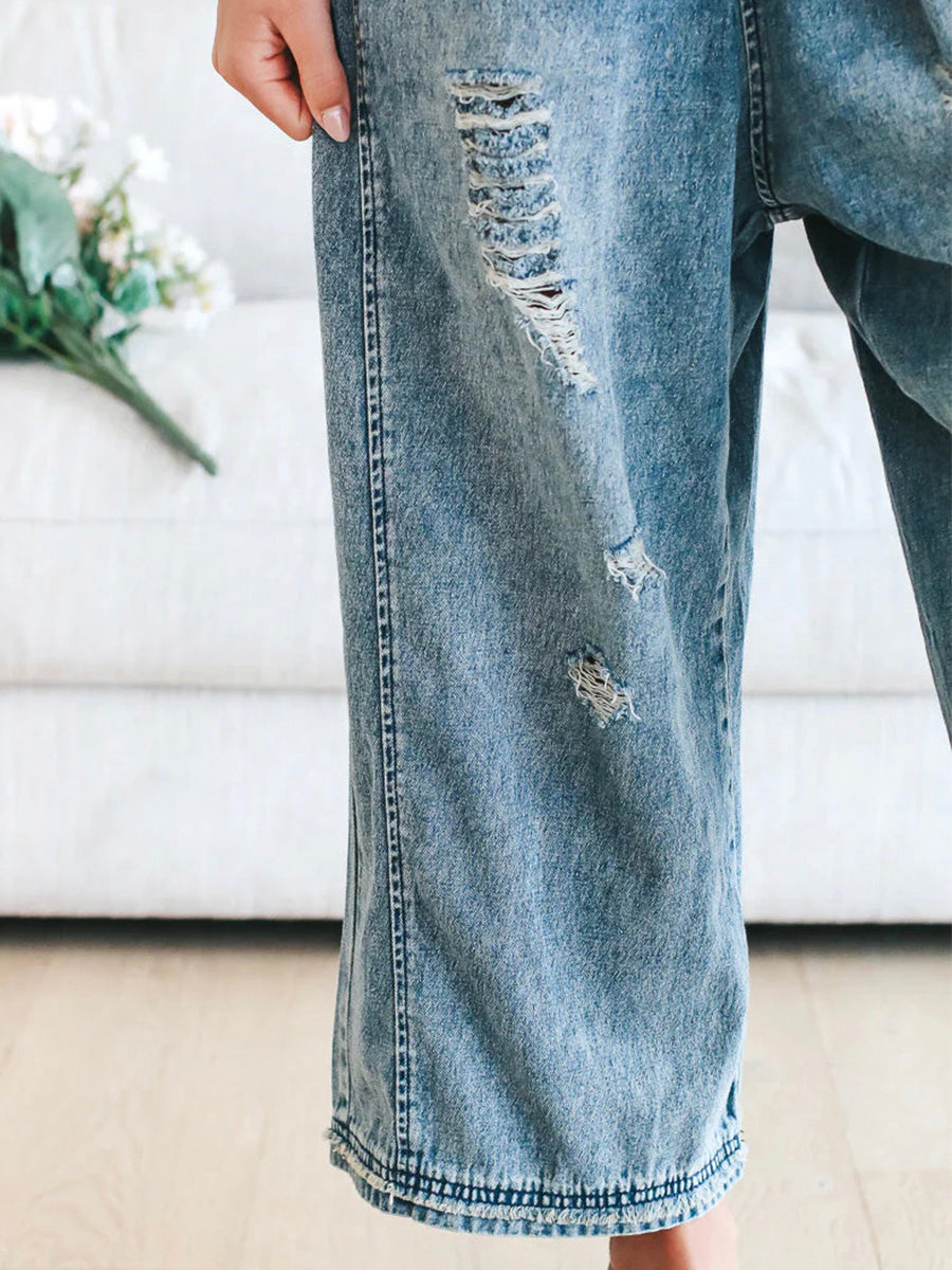 Distressed Denim Overalls — Wide Leg Relaxed Fit Women 6