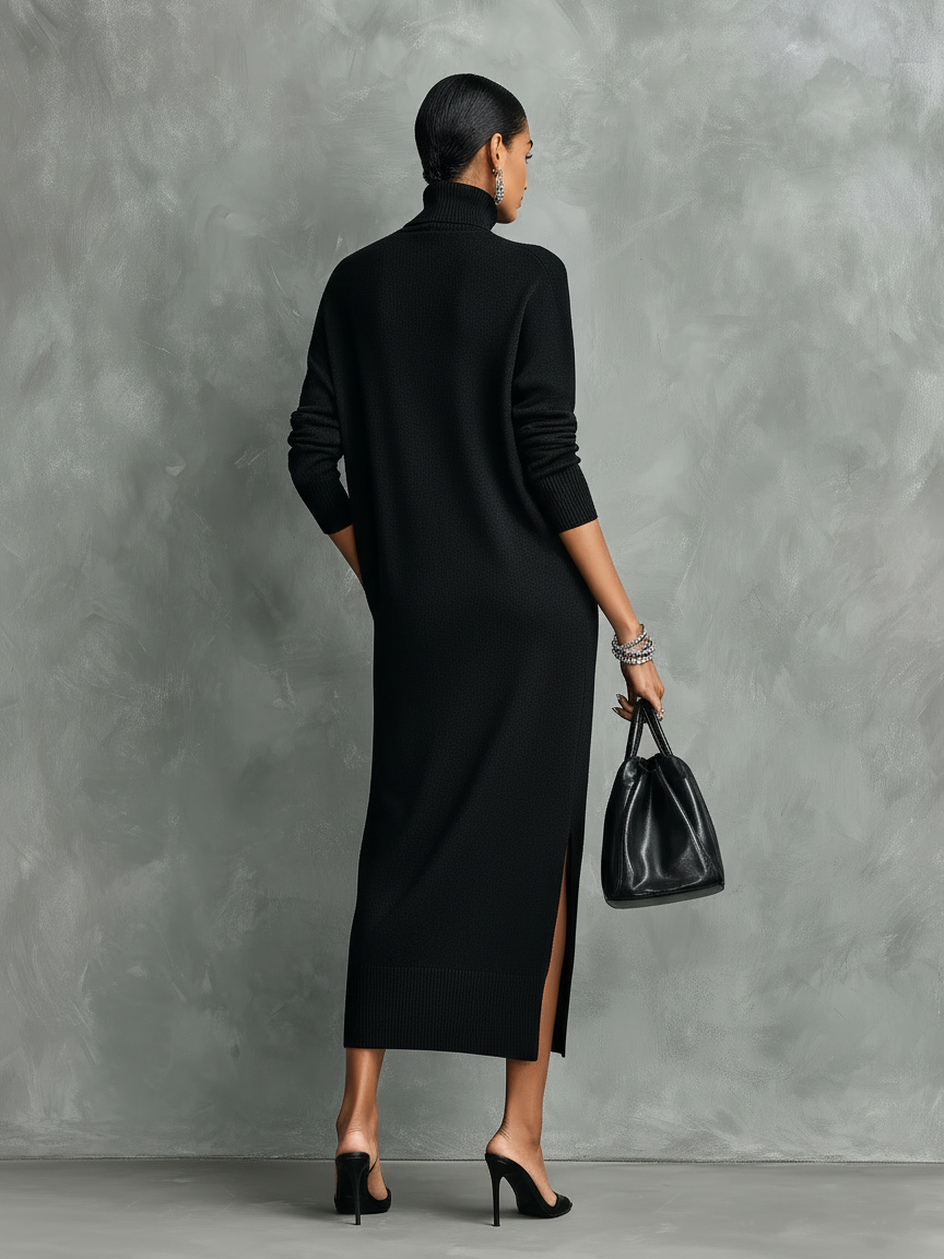 Knitted Turtleneck Midi Dress — Long Sleeve Loose Fit 4