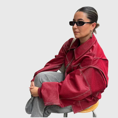 Faye™ Oversized Red Leather Jacket — Women's Statement Coat 9