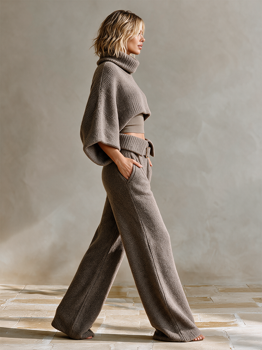 Women's Knit Two-Piece Set — Mock Neck & Wide-Leg Pants 7
