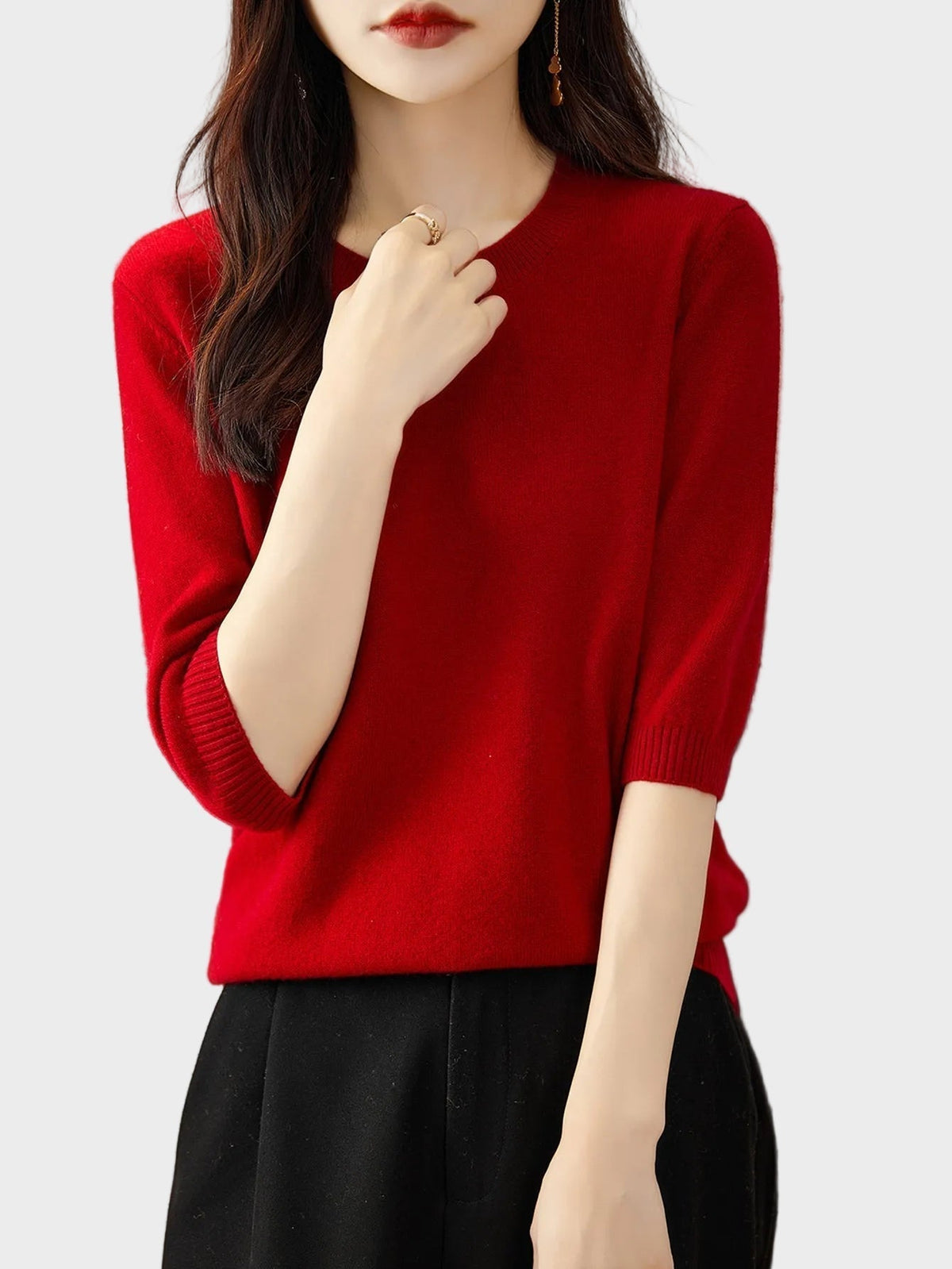 Merino Wool Crewneck Half Sleeve Sweater — Cashmere Soft 16