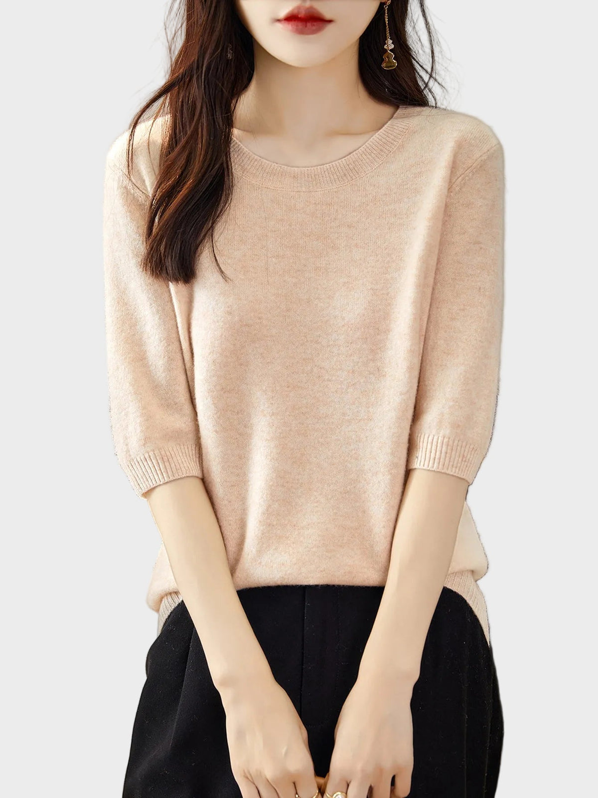 Merino Wool Crewneck Half Sleeve Sweater — Cashmere Soft 4