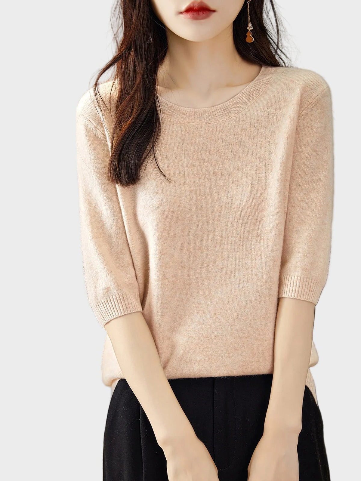 Merino Wool Crewneck Half Sleeve Sweater — Cashmere Soft 3