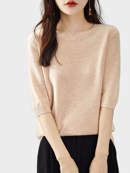 Merino Wool Crewneck Half Sleeve Sweater — Cashmere Soft 3