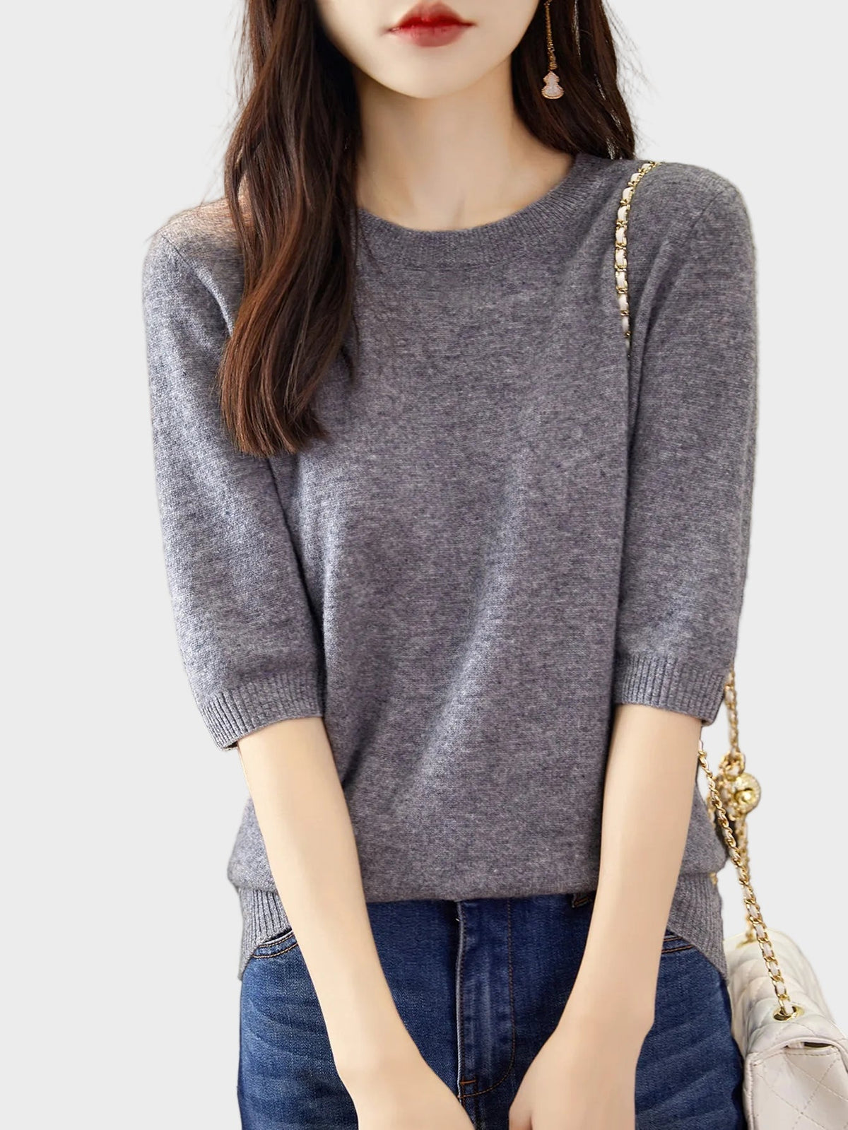 Merino Wool Crewneck Half Sleeve Sweater — Cashmere Soft 9