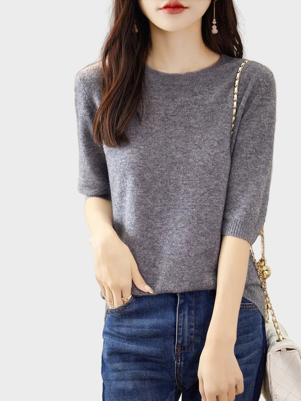 Merino Wool Crewneck Half Sleeve Sweater — Cashmere Soft 10