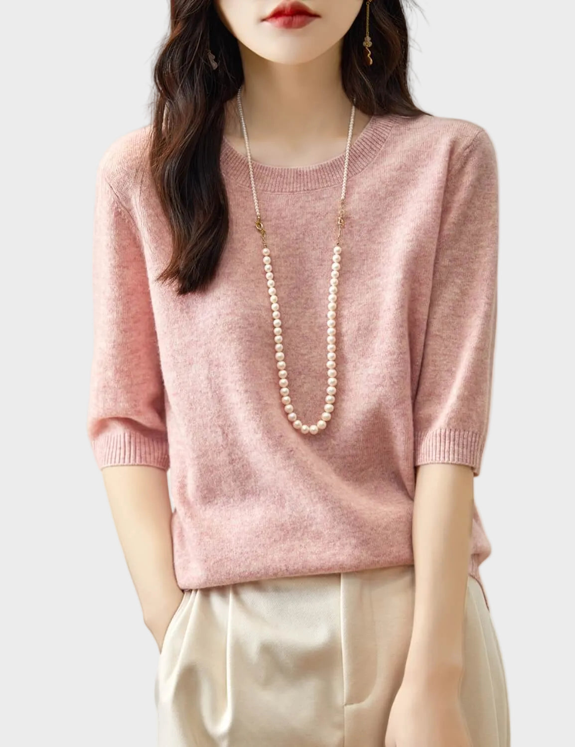 Merino Wool Crewneck Half Sleeve Sweater — Cashmere Soft 1