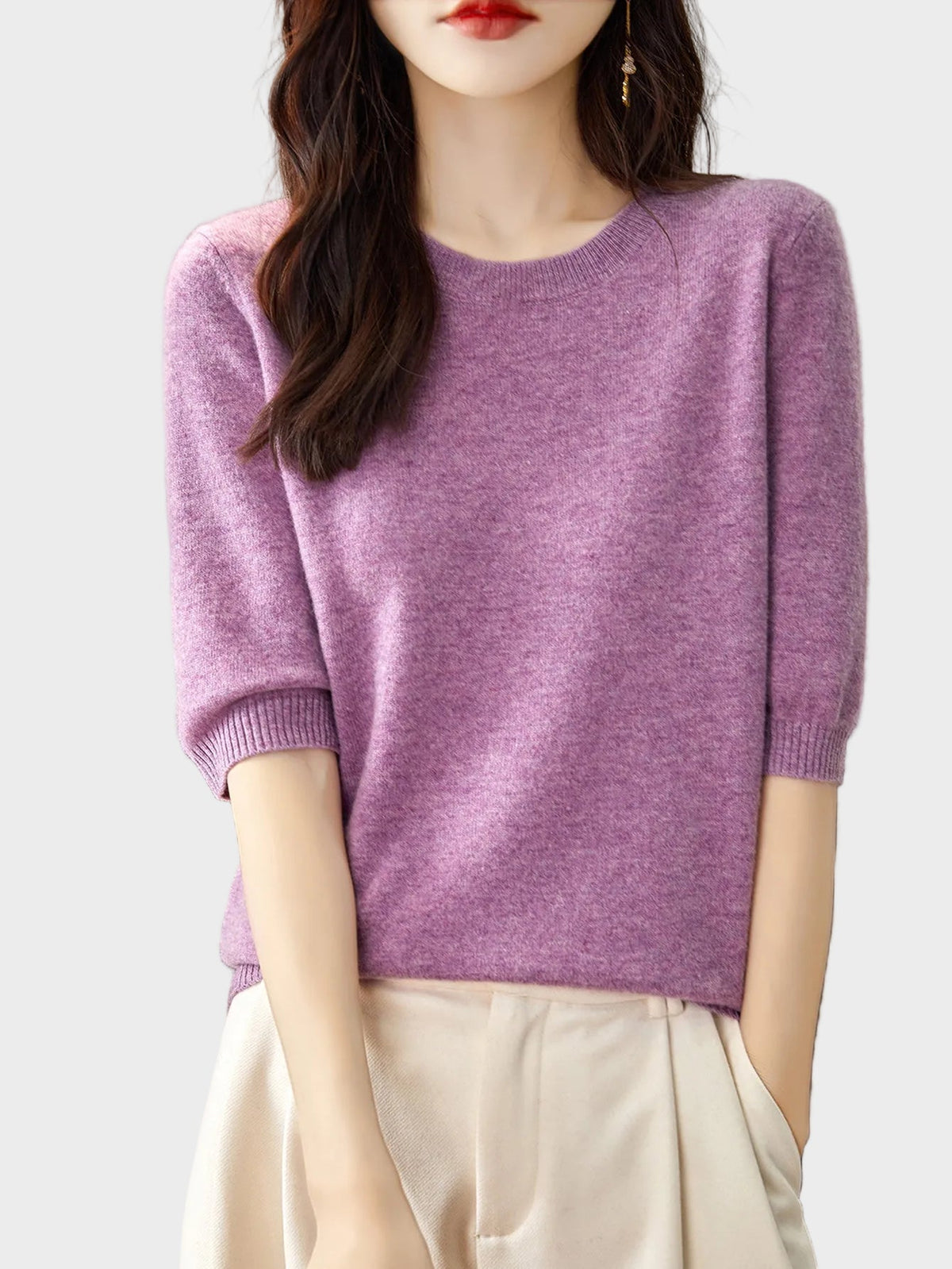 Merino Wool Crewneck Half Sleeve Sweater — Cashmere Soft 12