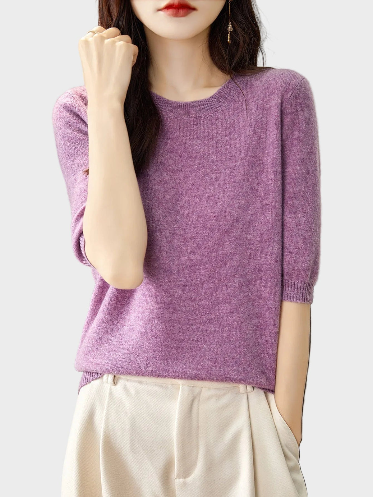 Merino Wool Crewneck Half Sleeve Sweater — Cashmere Soft 13