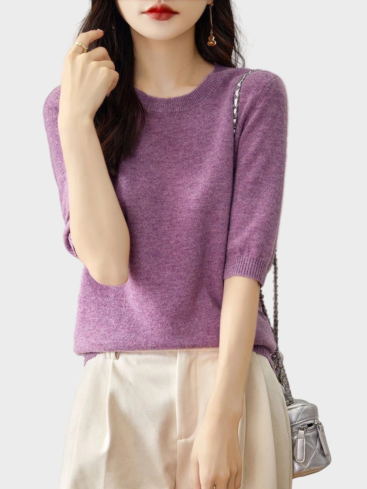 Merino Wool Crewneck Half Sleeve Sweater — Cashmere Soft 14