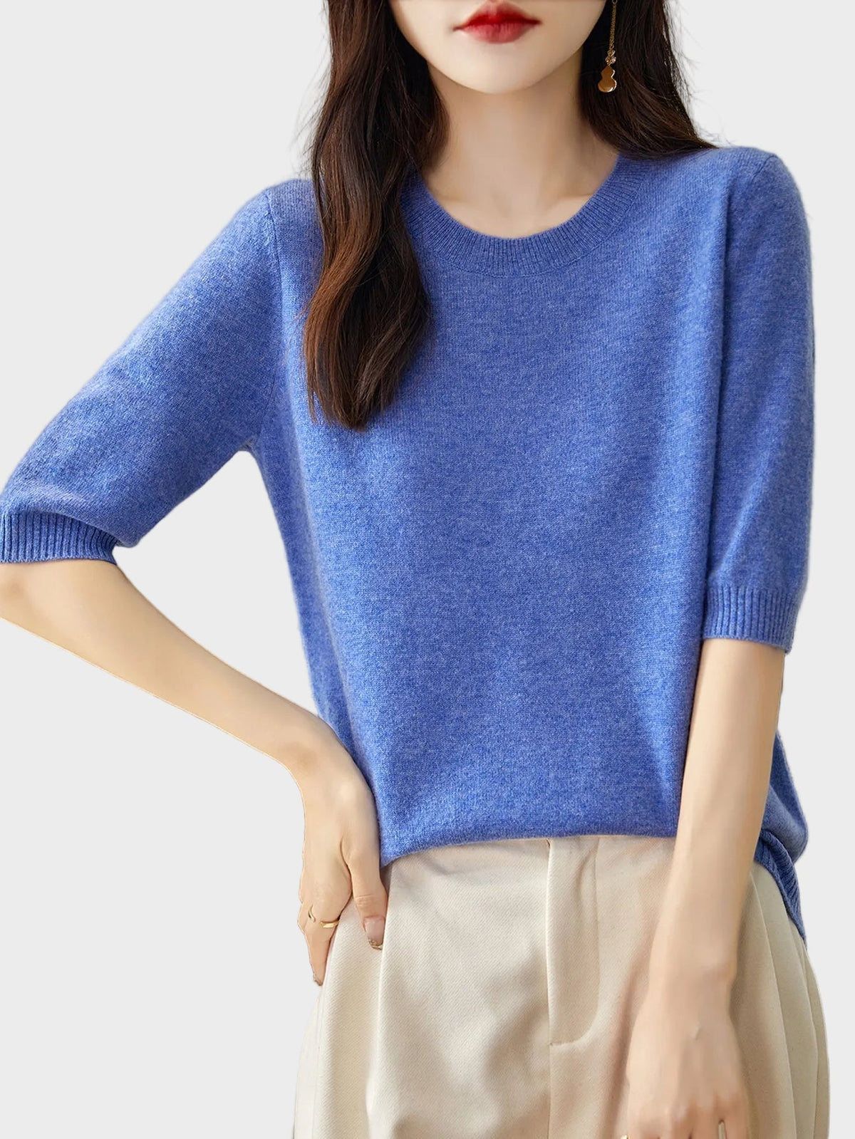 Merino Wool Crewneck Half Sleeve Sweater — Cashmere Soft 11