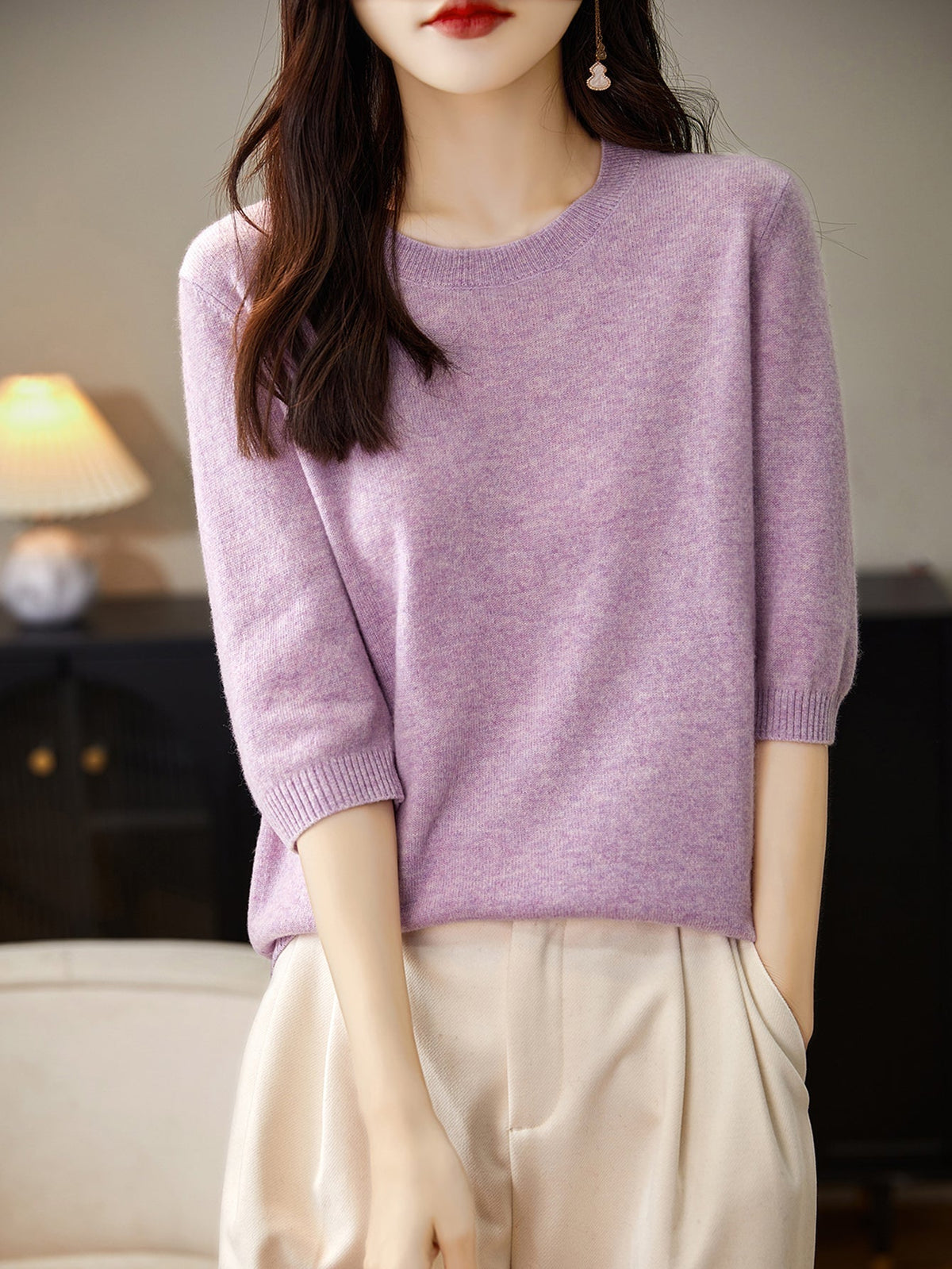 Merino Wool Crewneck Half Sleeve Sweater — Cashmere Soft 5