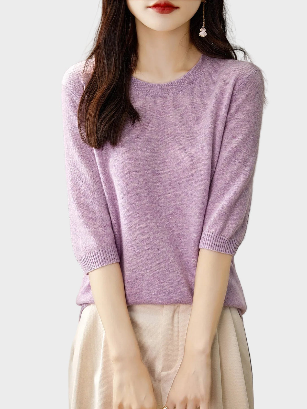 Merino Wool Crewneck Half Sleeve Sweater — Cashmere Soft 6