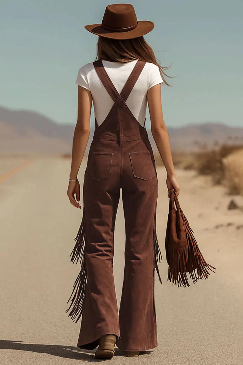 Boho Fringe Micro-Suede Wide-Leg Overalls with Pockets 2