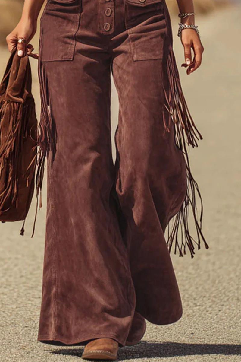 Boho Fringe Micro-Suede Wide-Leg Overalls with Pockets 4
