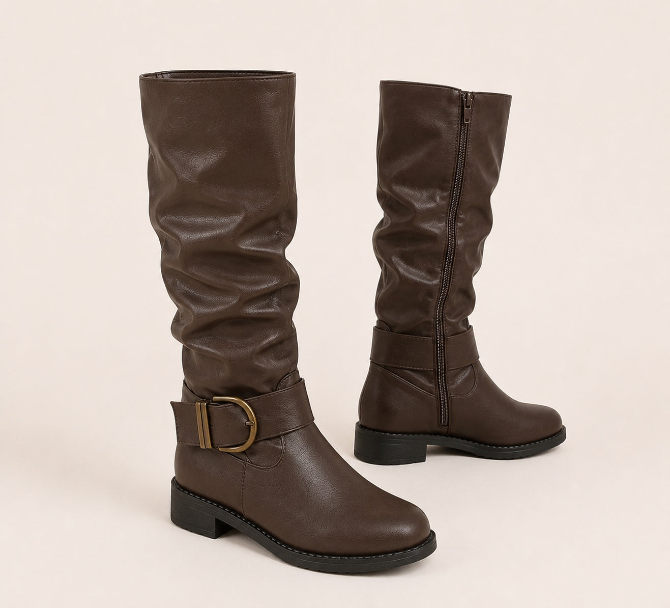 Gilmelle | Women's Brown Buckle Knee-High Boots