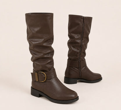 Gilmelle | Women's Brown Buckle Knee-High Boots