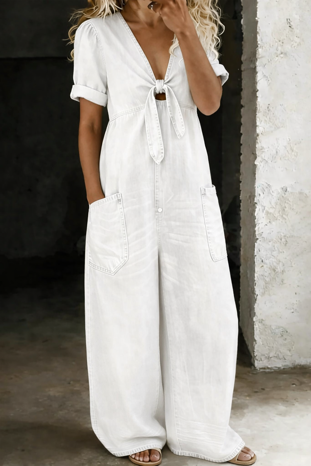 V-Neck Short Sleeve Jumpsuit — Casual Ankle Length with Pockets 7