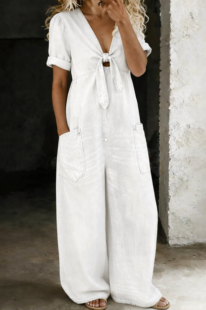 V-Neck Short Sleeve Jumpsuit — Casual Ankle Length with Pockets 7