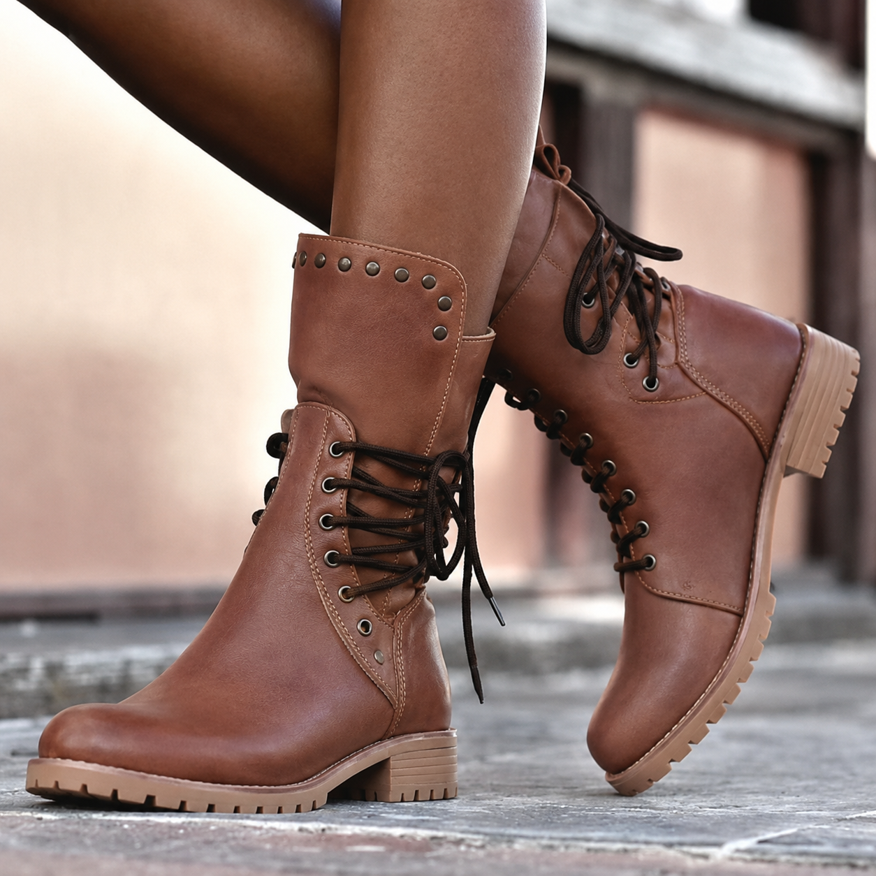 Mid-Calf Lace-Up Leather Boots — Studded Fold-Over Cuff 1