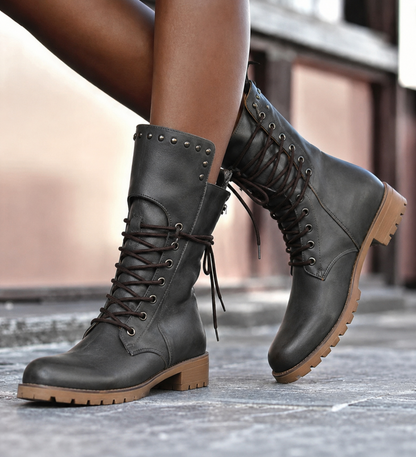 Mid-Calf Lace-Up Leather Boots — Studded Fold-Over Cuff 2