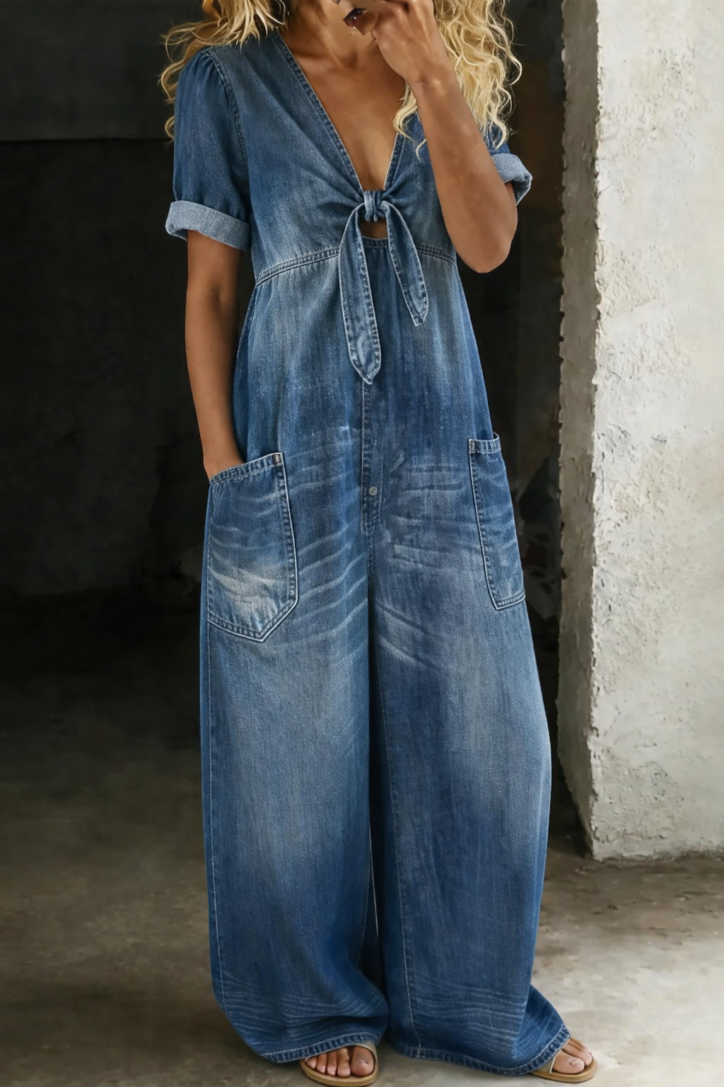 V-Neck Short Sleeve Jumpsuit — Casual Ankle Length with Pockets 1