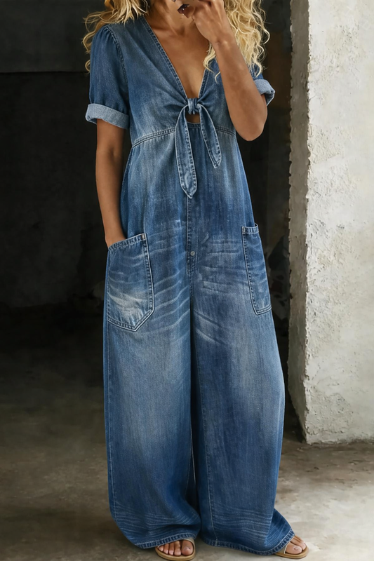 V-Neck Short Sleeve Jumpsuit — Casual Ankle Length with Pockets 1