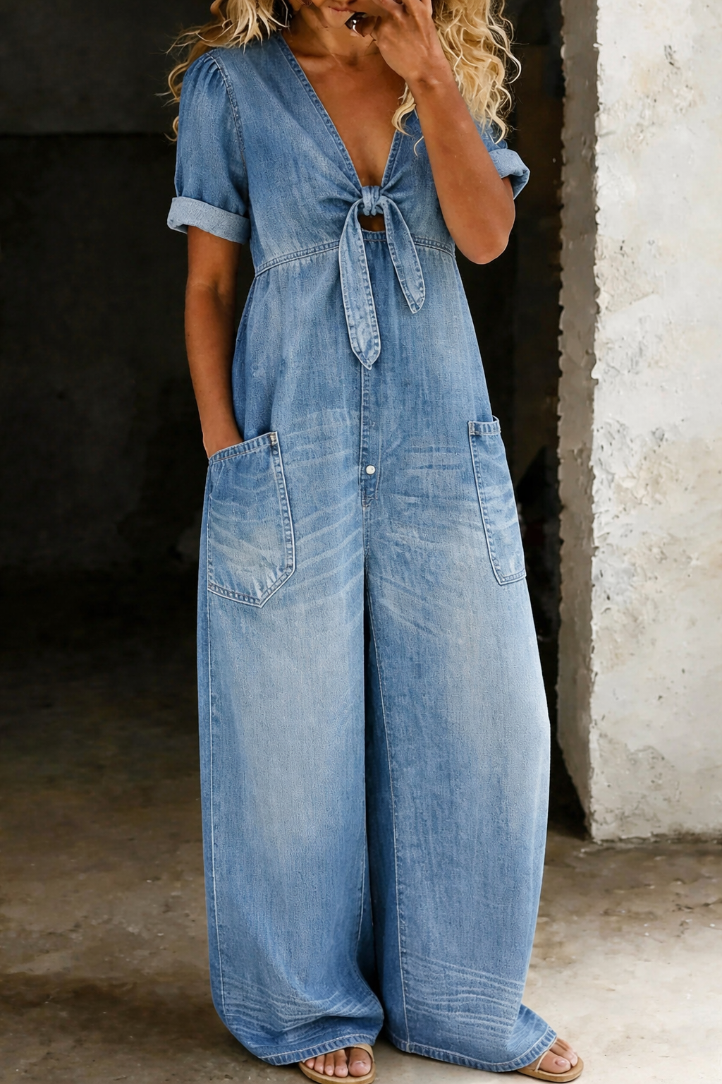 V-Neck Short Sleeve Jumpsuit — Casual Ankle Length with Pockets 4
