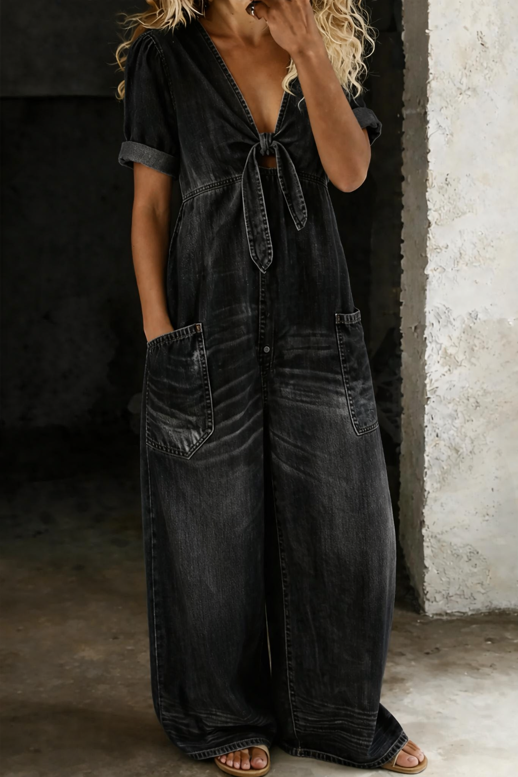 V-Neck Short Sleeve Jumpsuit — Casual Ankle Length with Pockets 5