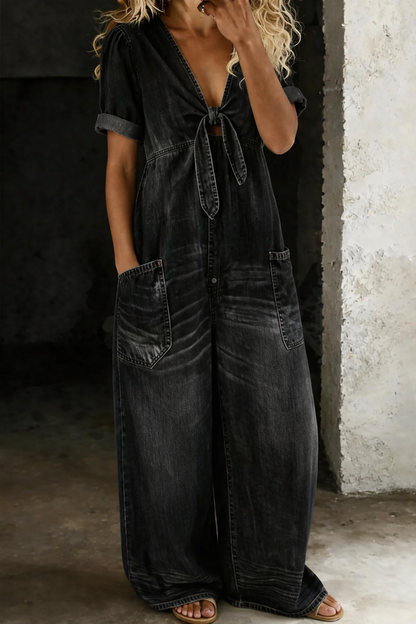 V-Neck Short Sleeve Jumpsuit — Casual Ankle Length with Pockets 5