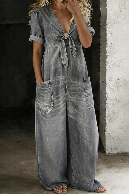 V-Neck Short Sleeve Jumpsuit — Casual Ankle Length with Pockets 6