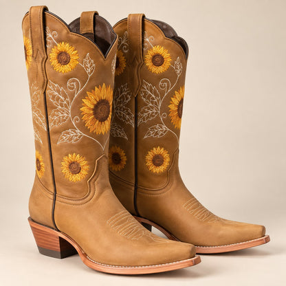 Women's Embroidered Knee-High Boots — Khaki Sunflower, Square Toe
