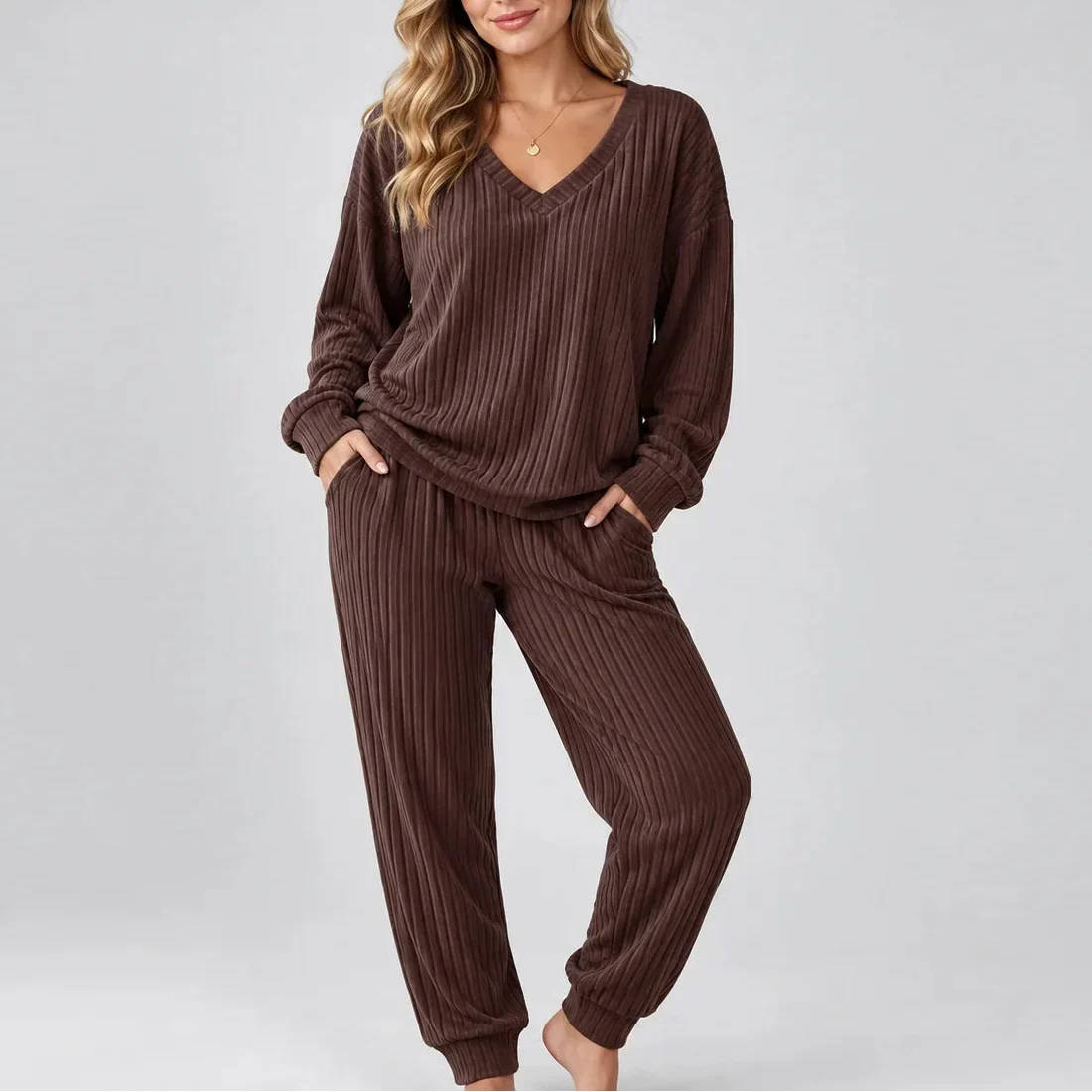 V-Neck Ribbed Lounge Set — Women's Two-Piece Matching Set 1