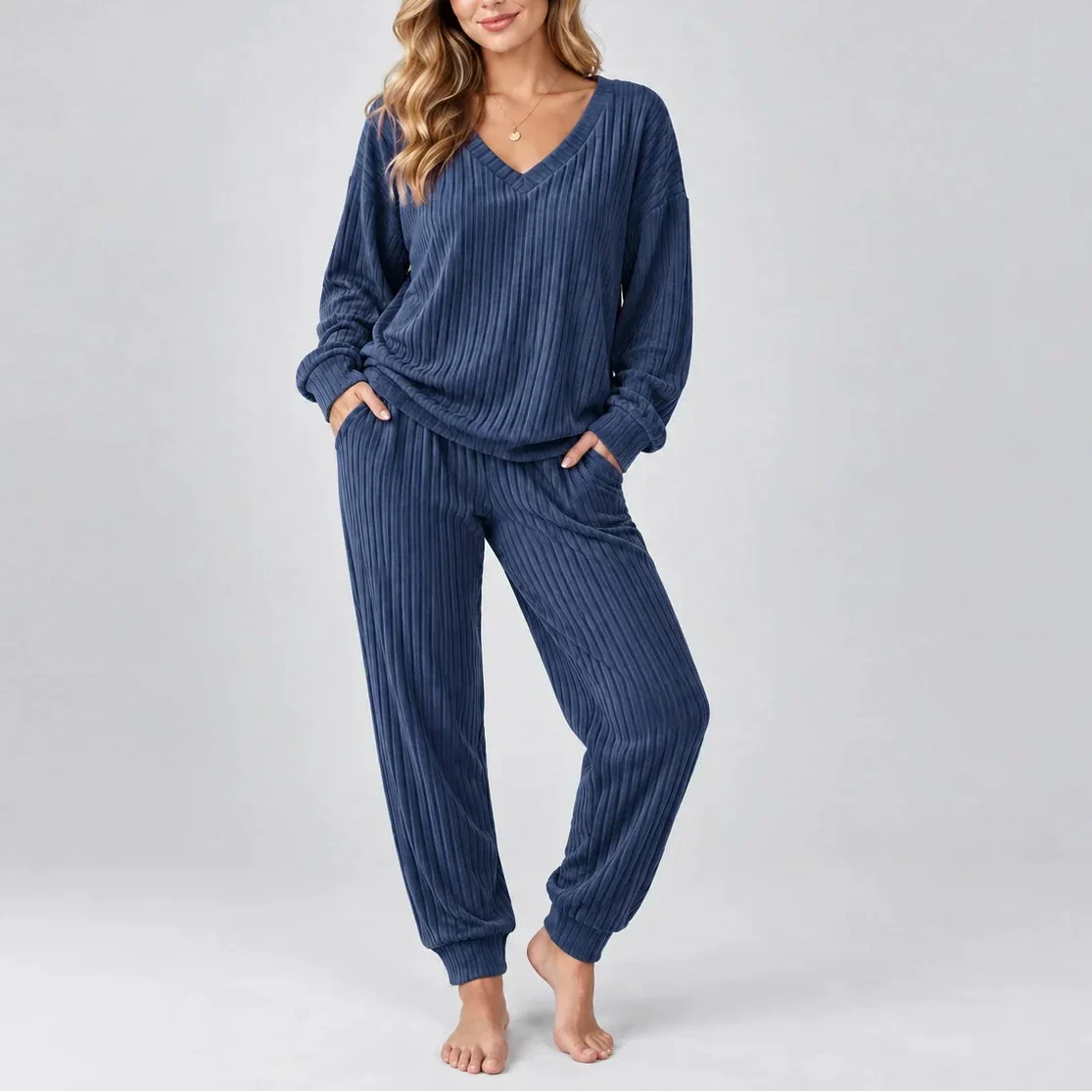 V-Neck Ribbed Lounge Set — Women's Two-Piece Matching Set 2