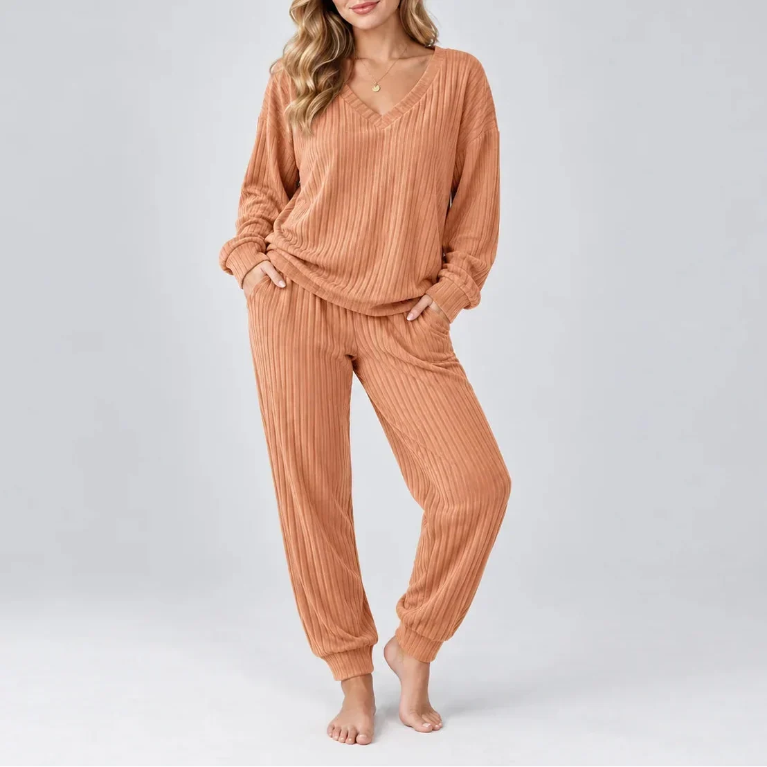 V-Neck Ribbed Lounge Set — Women's Two-Piece Matching Set 4
