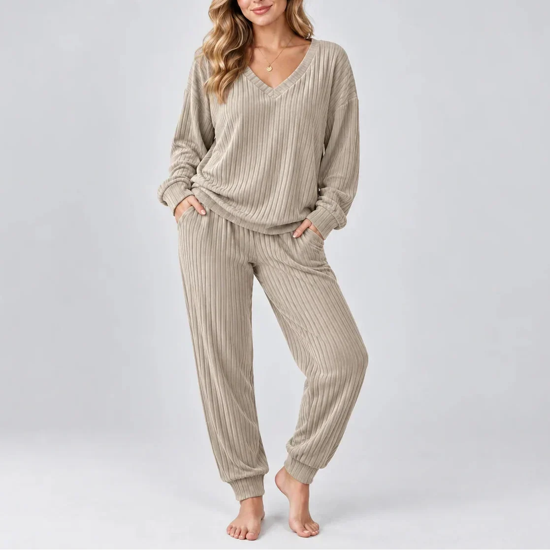 V-Neck Ribbed Lounge Set — Women's Two-Piece Matching Set 5