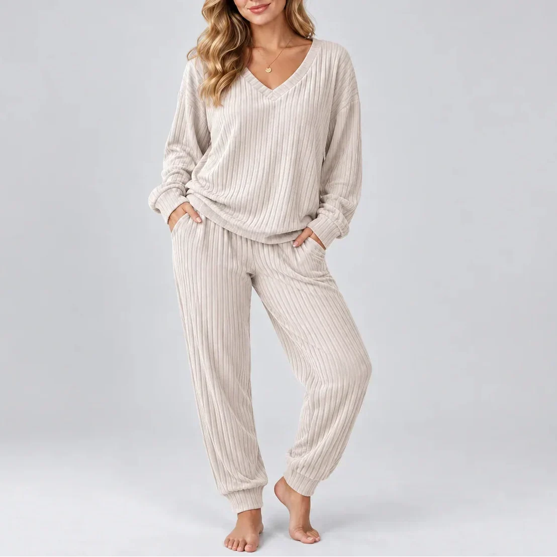 V-Neck Ribbed Lounge Set — Women's Two-Piece Matching Set 6