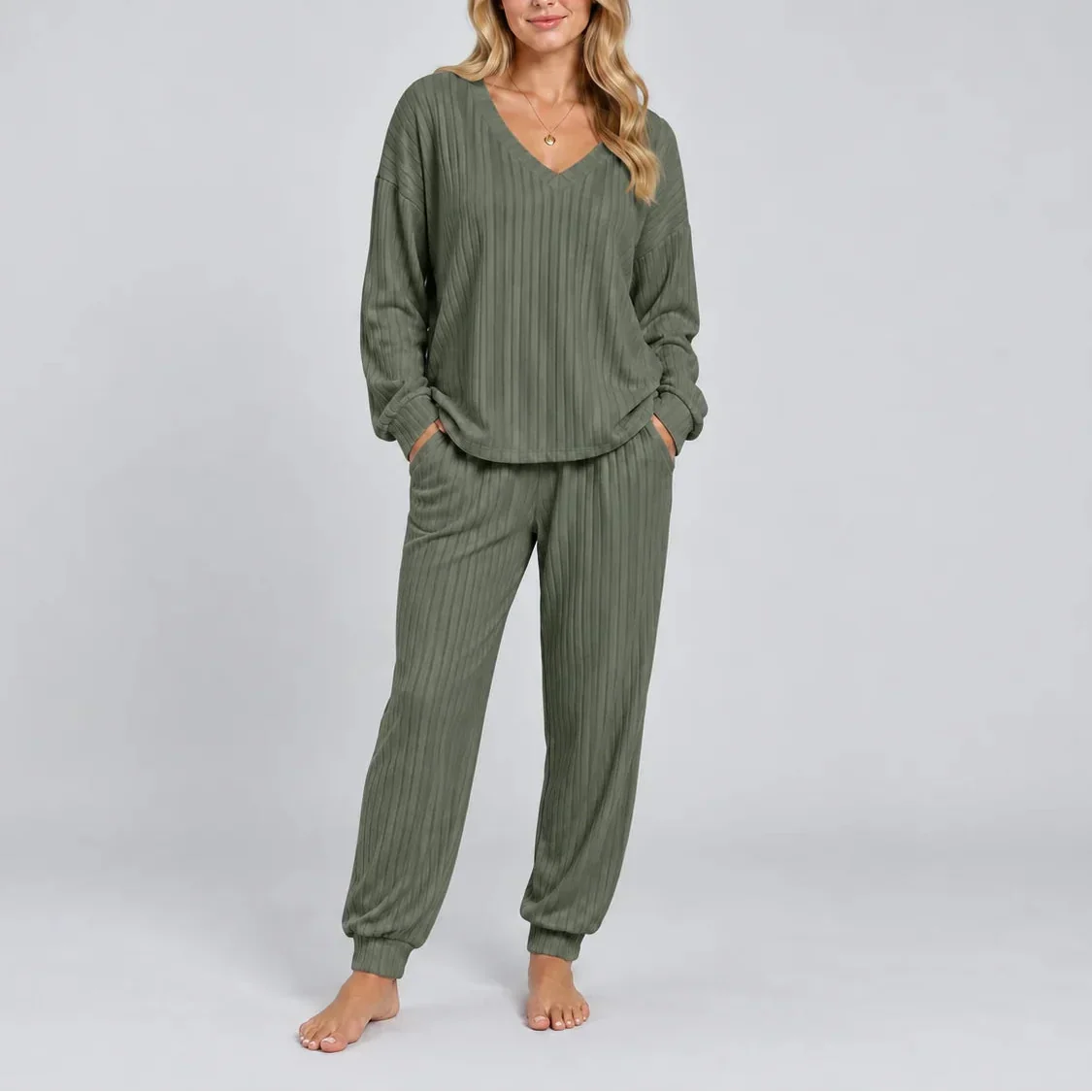 V-Neck Ribbed Lounge Set — Women's Two-Piece Matching Set 8