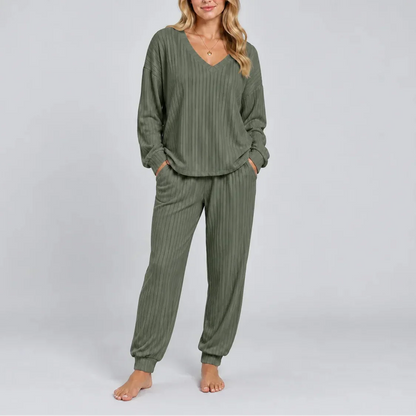 V-Neck Ribbed Lounge Set — Women's Two-Piece Matching Set 8