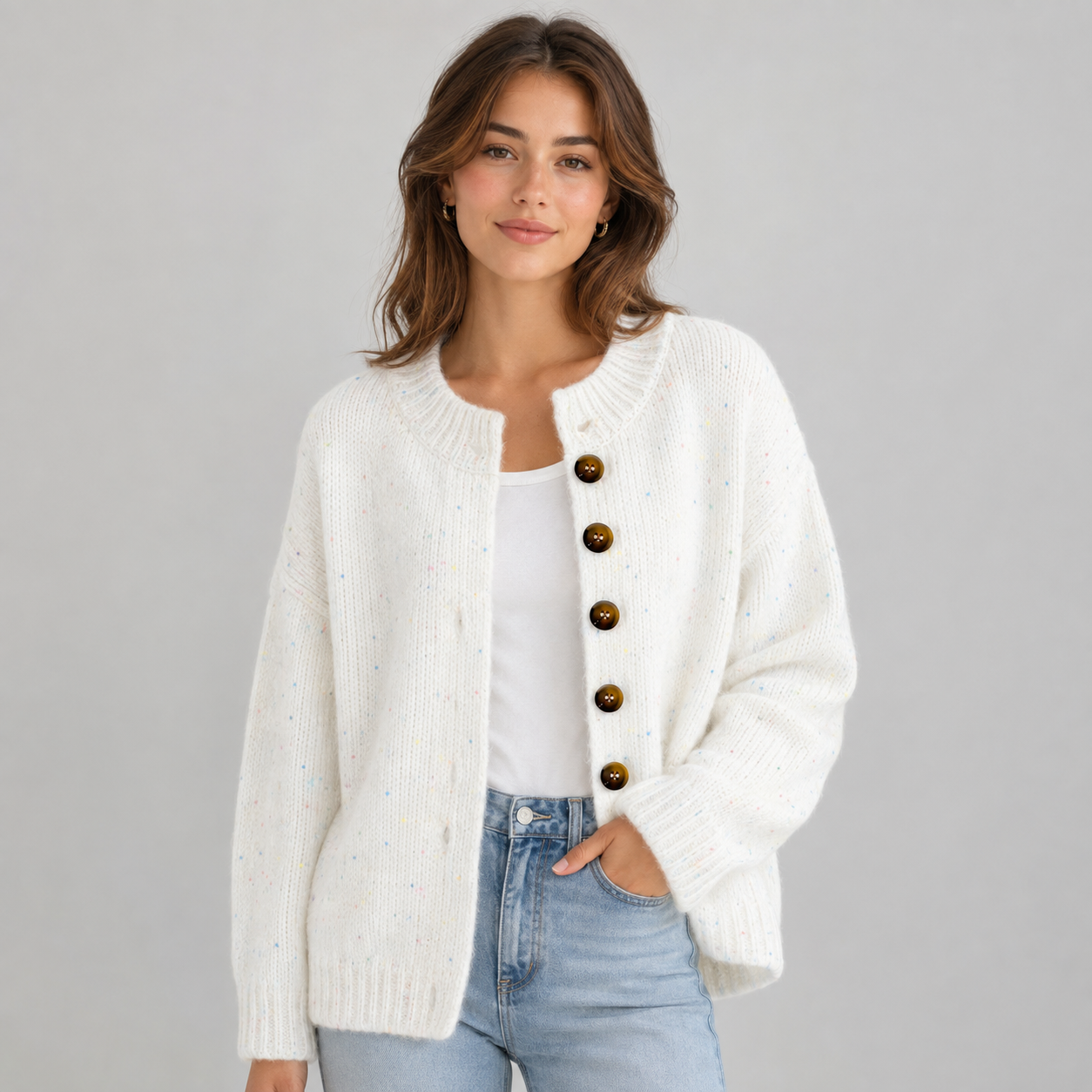 Women's Fluffy Knit Cardigan — Button Front High Stretch 1