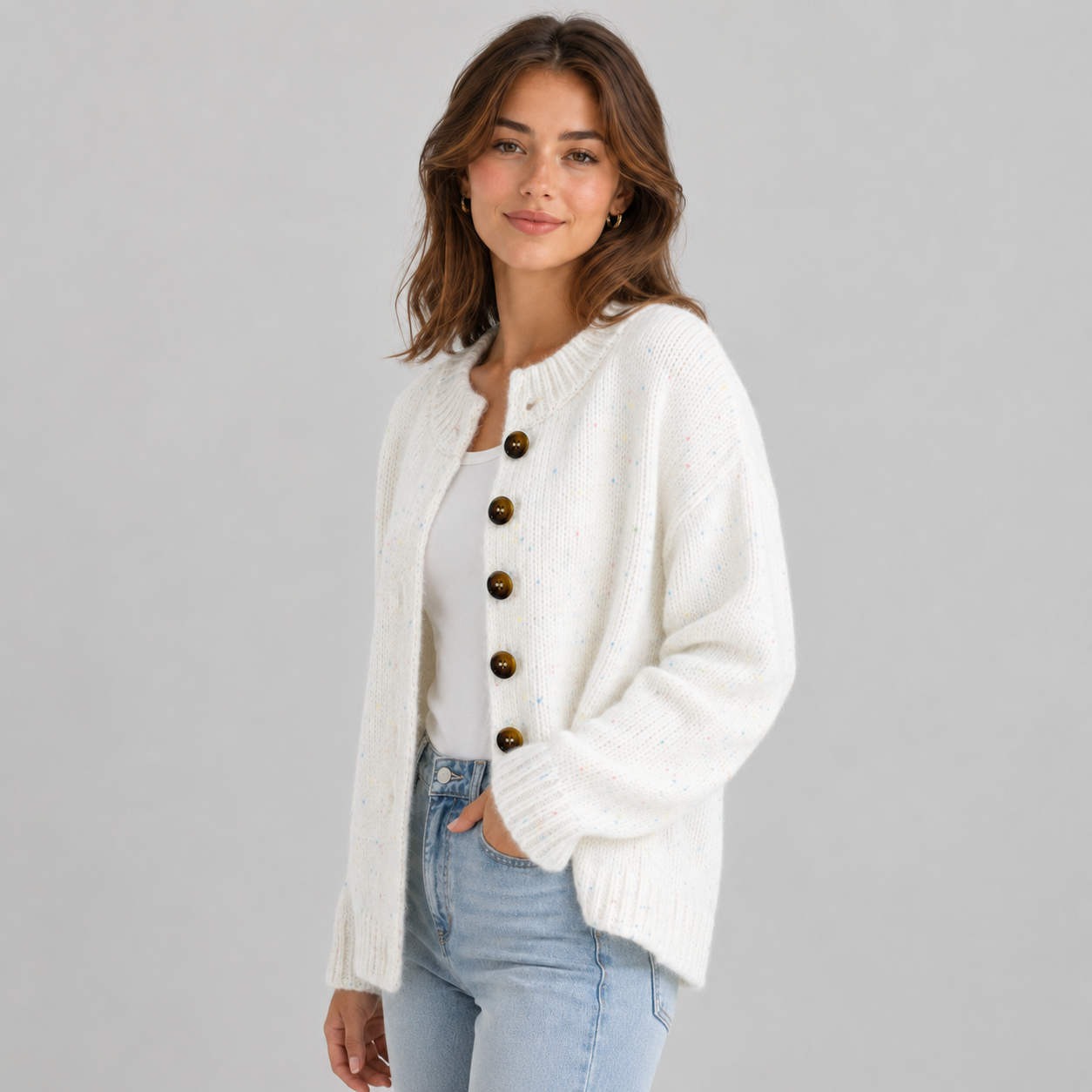 Women's Fluffy Knit Cardigan — Button Front High Stretch 3