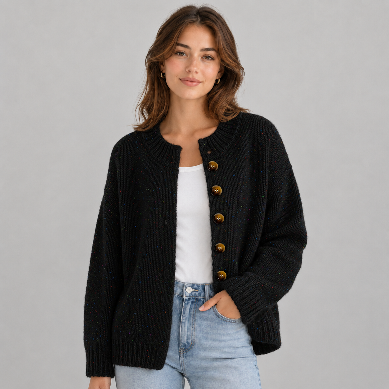 Women's Fluffy Knit Cardigan — Button Front High Stretch 9