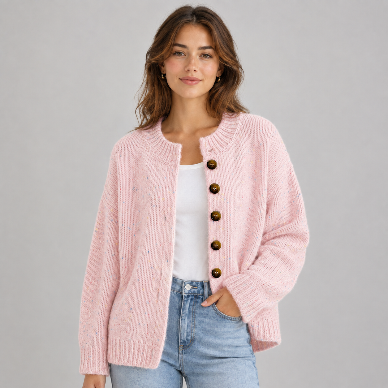 Women's Fluffy Knit Cardigan — Button Front High Stretch 6