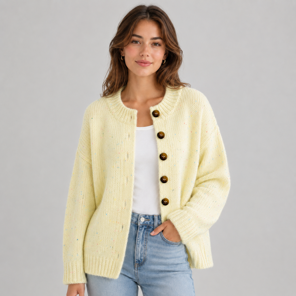 Women's Fluffy Knit Cardigan — Button Front High Stretch 11